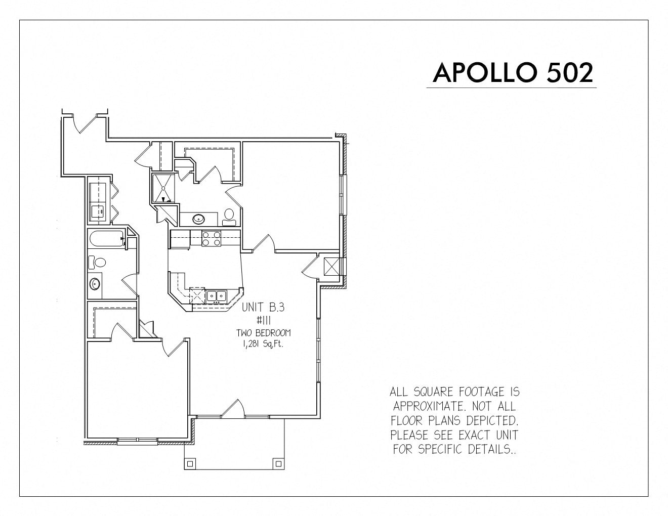 Floor plan for 2 beds, 2 baths, 1281 sqft